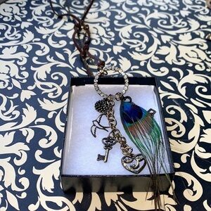 Long Peacock Feather Necklace on Leather and Chain